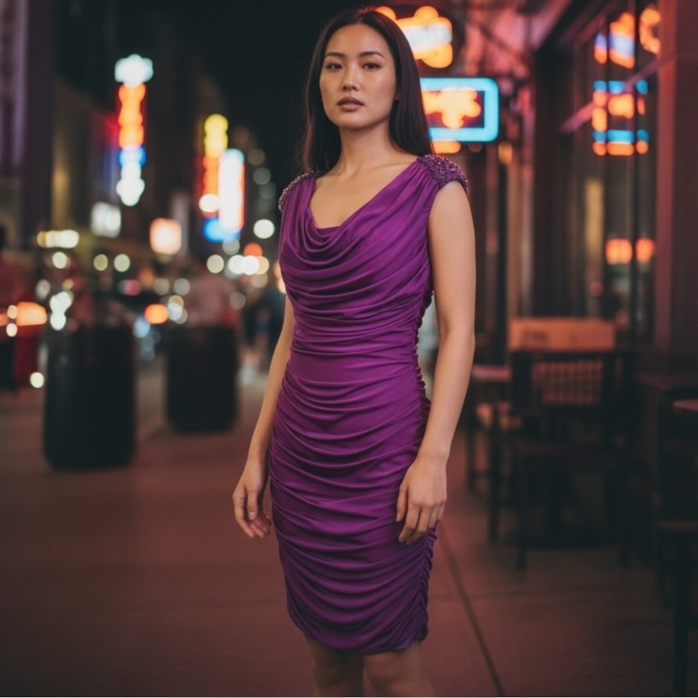 NWT TADASHI SHOJI SHOULDER BEADED RUCHED DRESS SZ M - Picture 3 of 11